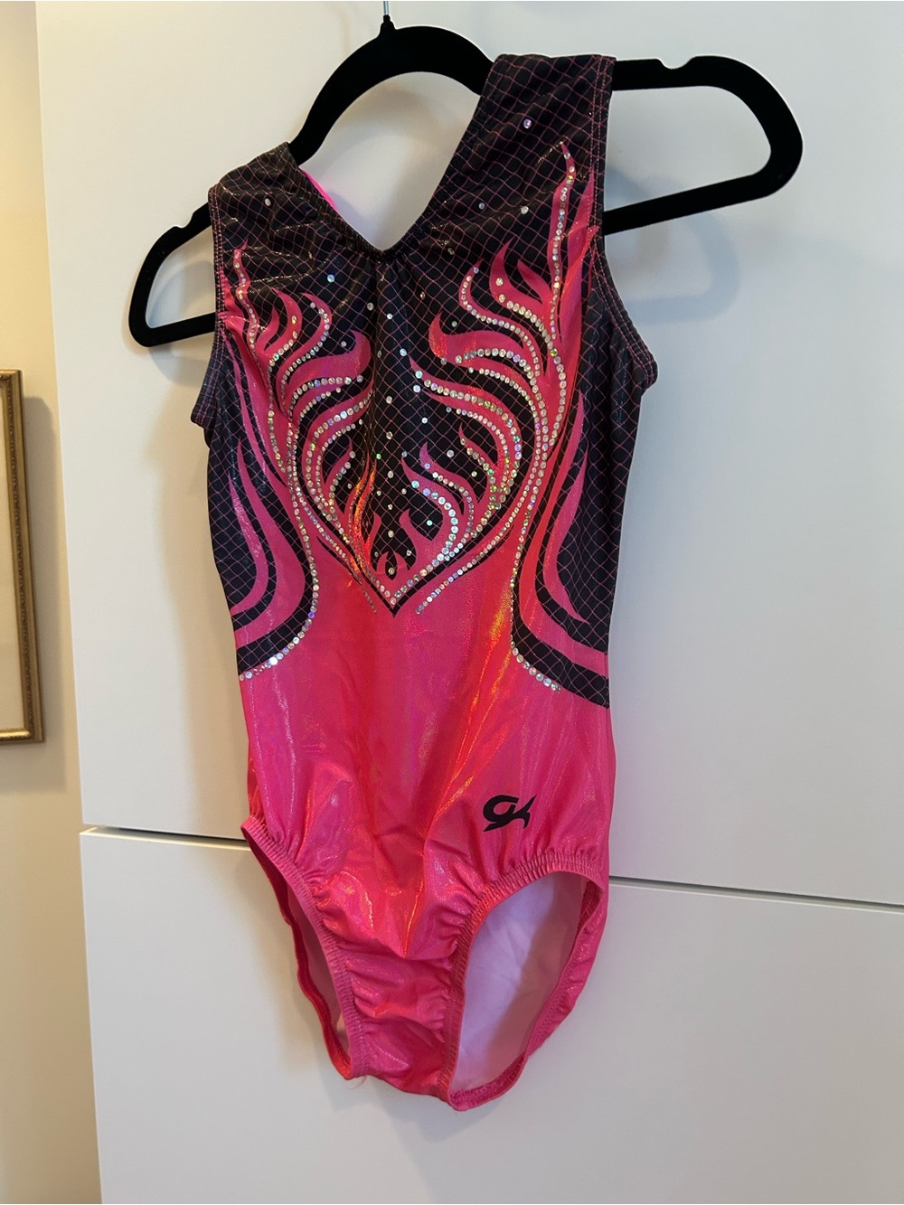 GK Hot Pink and Black Sparkle Gymnastics Leotard - Size AS Adult Small